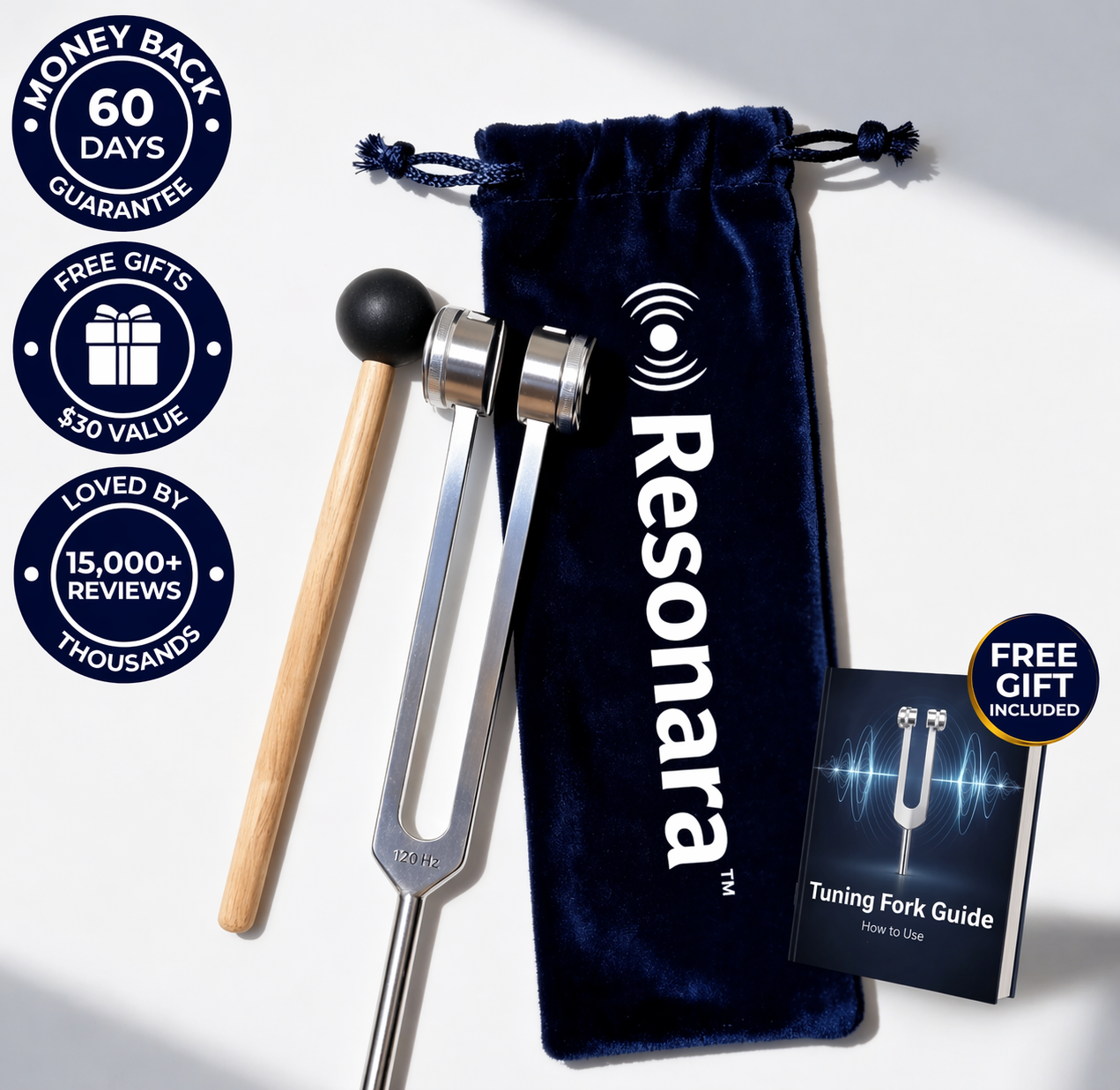 Resonara 128 Hz Healing Instrument with velvet pouch and wooden mallet